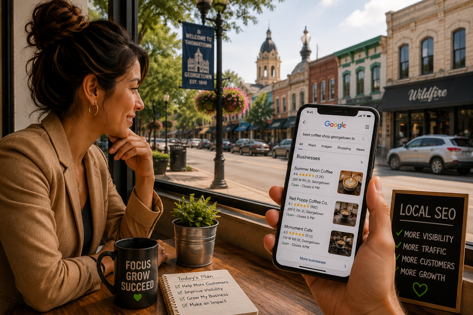 Customer using Google Search on mobile phone while Georgetown Texas businesses are visible in the downtown area