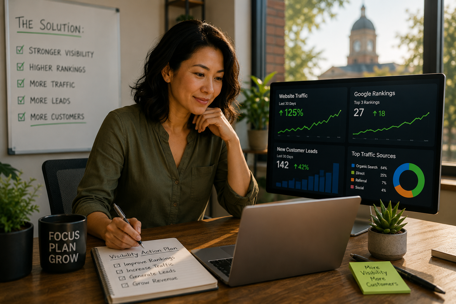 Georgetown Texas business owner reviewing increased website traffic Google rankings and customer leads from local SEO growth