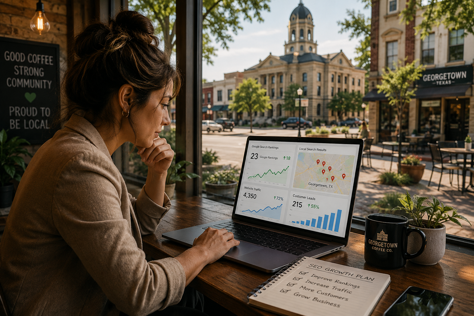 Georgetown Texas business owner reviewing local SEO rankings and Google visibility