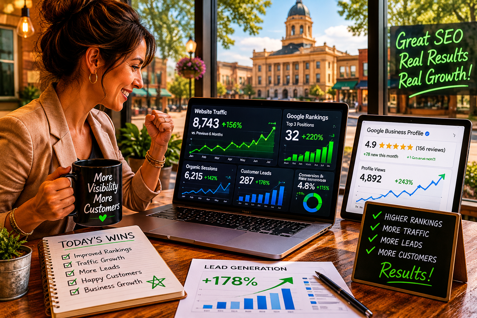 Georgetown Texas business owner reviewing improved Google rankings website traffic growth and increased customer leads