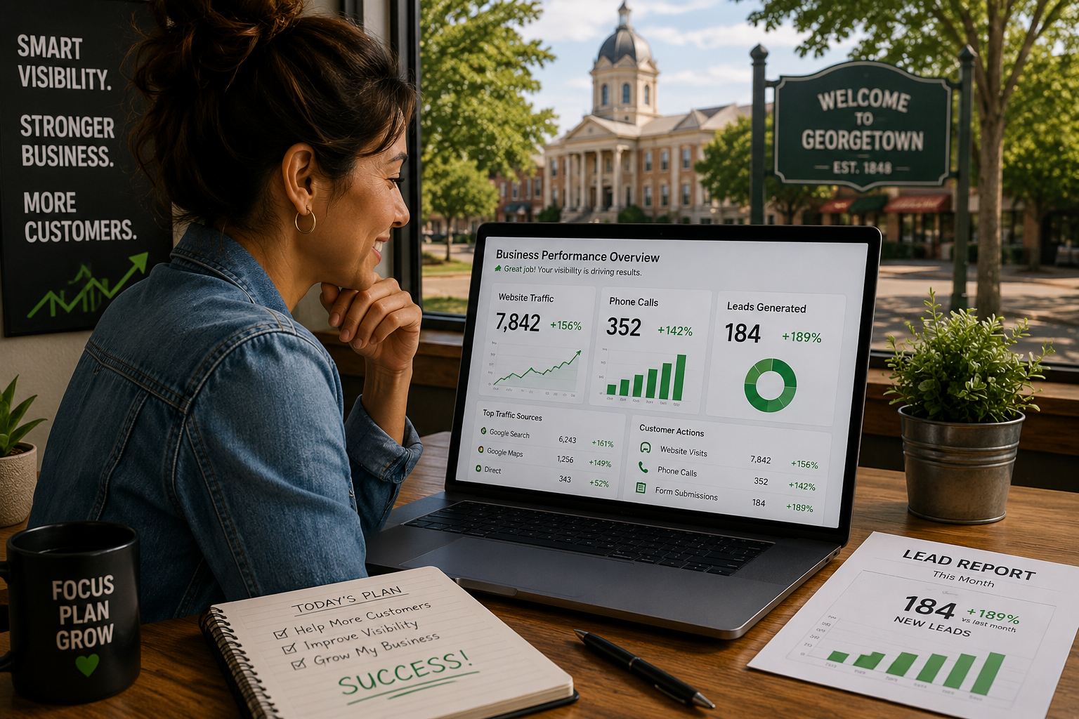 Georgetown Texas business owner reviewing increased website traffic phone calls and lead generation reports from local SEO growth