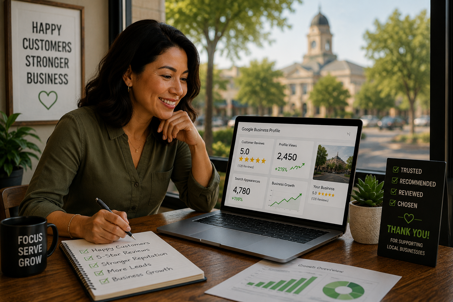 Georgetown Texas business owner reviewing customer reviews Google Business Profile insights and local SEO growth metrics