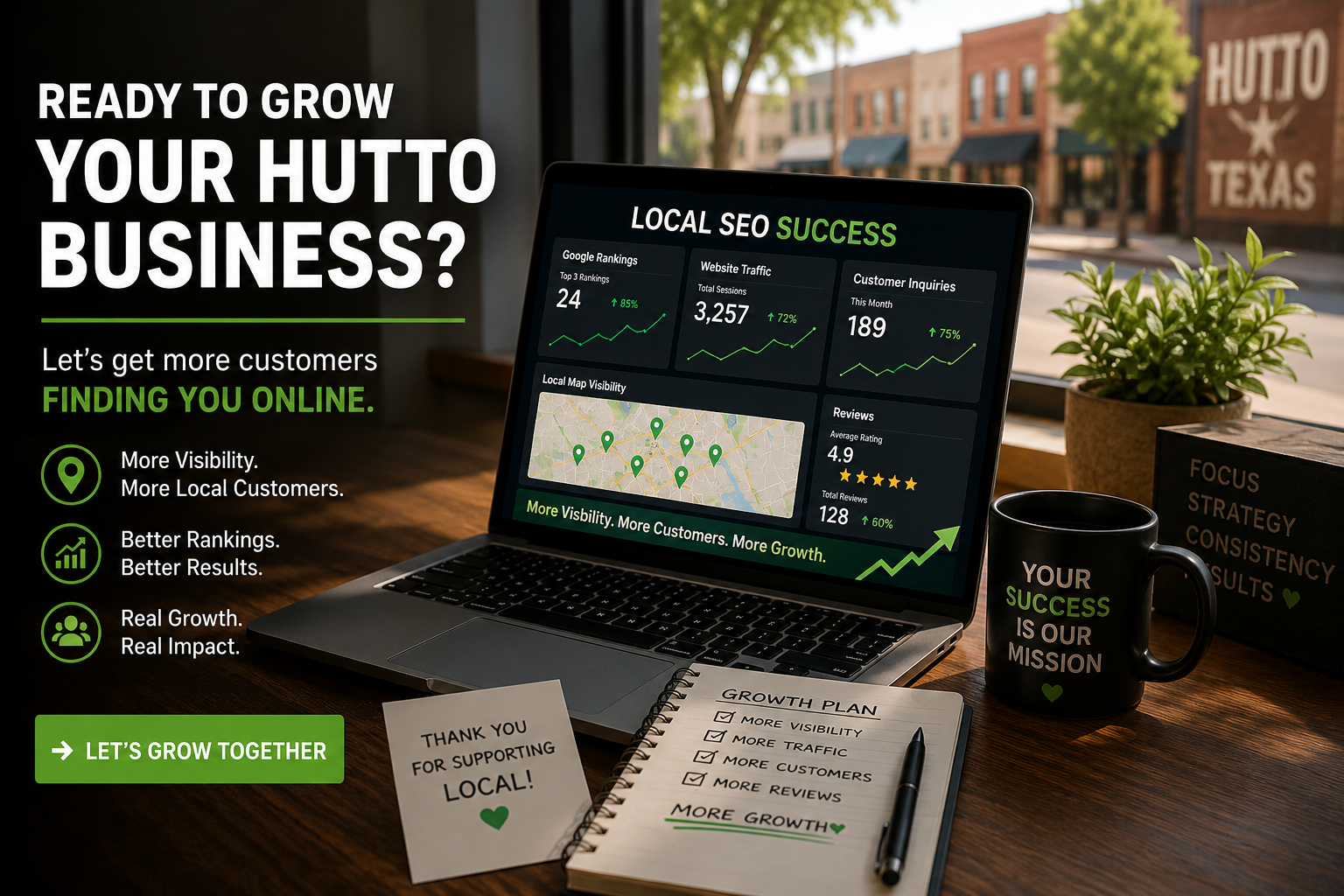 Hutto Texas business owner reviewing Google trust signals and local SEO growth