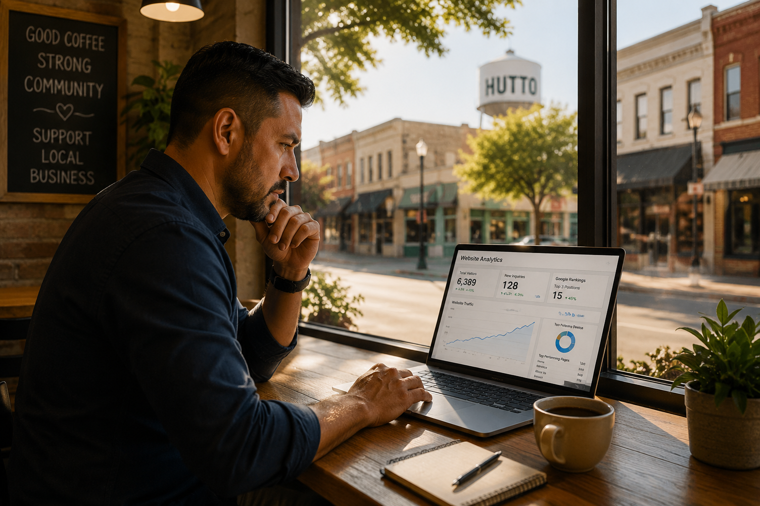 Hutto Texas business owner reviewing local SEO growth and Google rankings