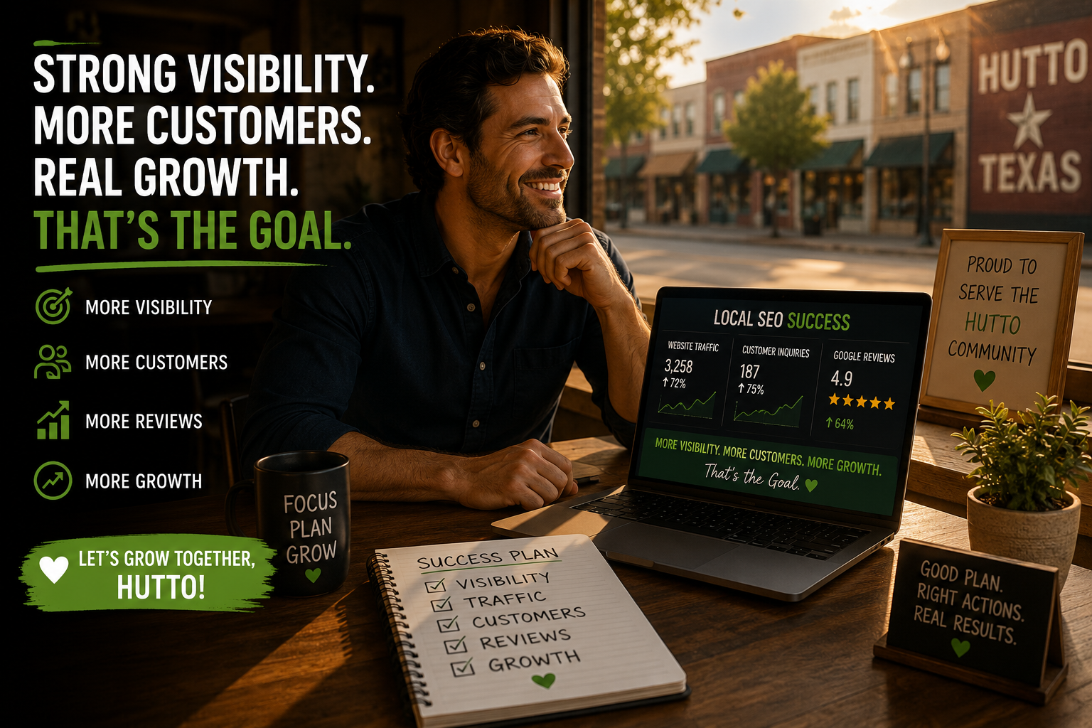 Successful Hutto TX business owner reviewing increased website traffic customer inquiries and online visibility growth
