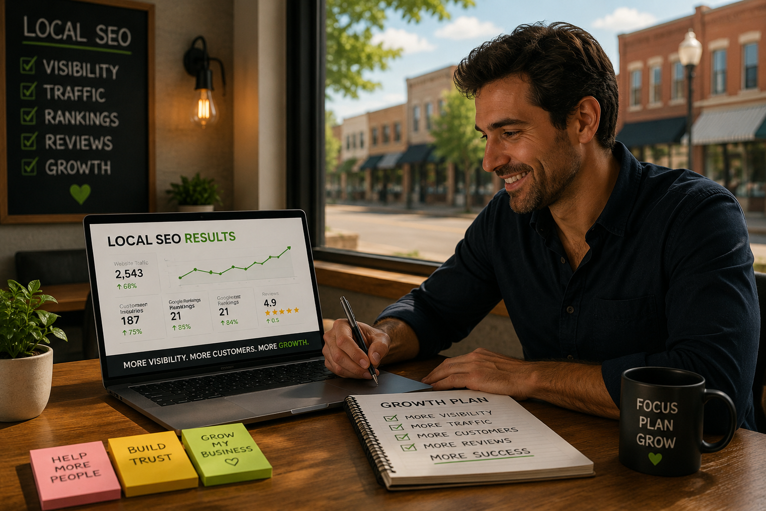 Hutto TX business owner reviewing online business listings and local directory profiles for consistent business information