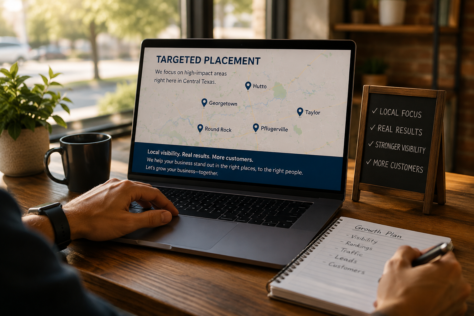 Hutto TX business owner reviewing local search rankings and website traffic growth on a laptop