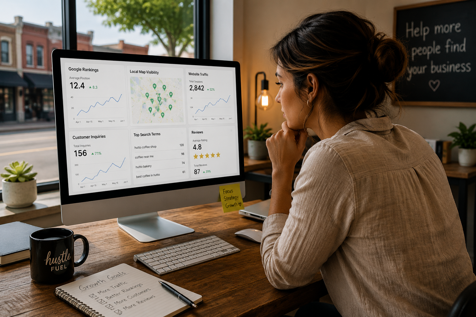 Hutto TX business owner reviewing local search rankings website traffic and customer growth metrics
