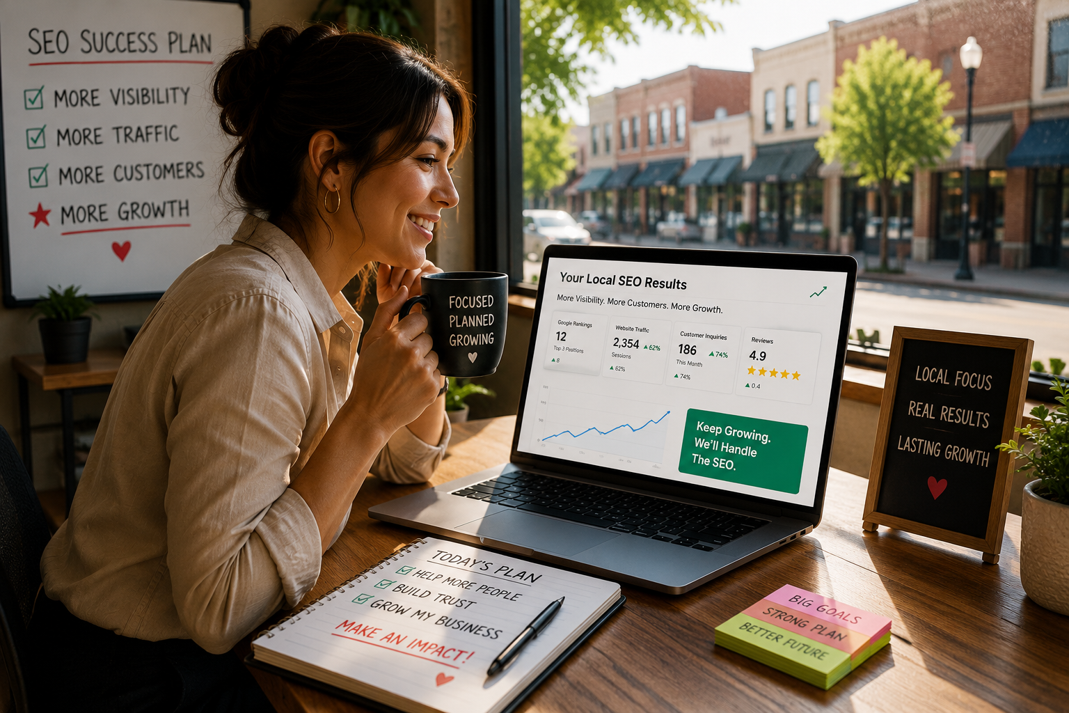 Hutto TX business owner reviewing increased website traffic local search rankings and customer inquiries