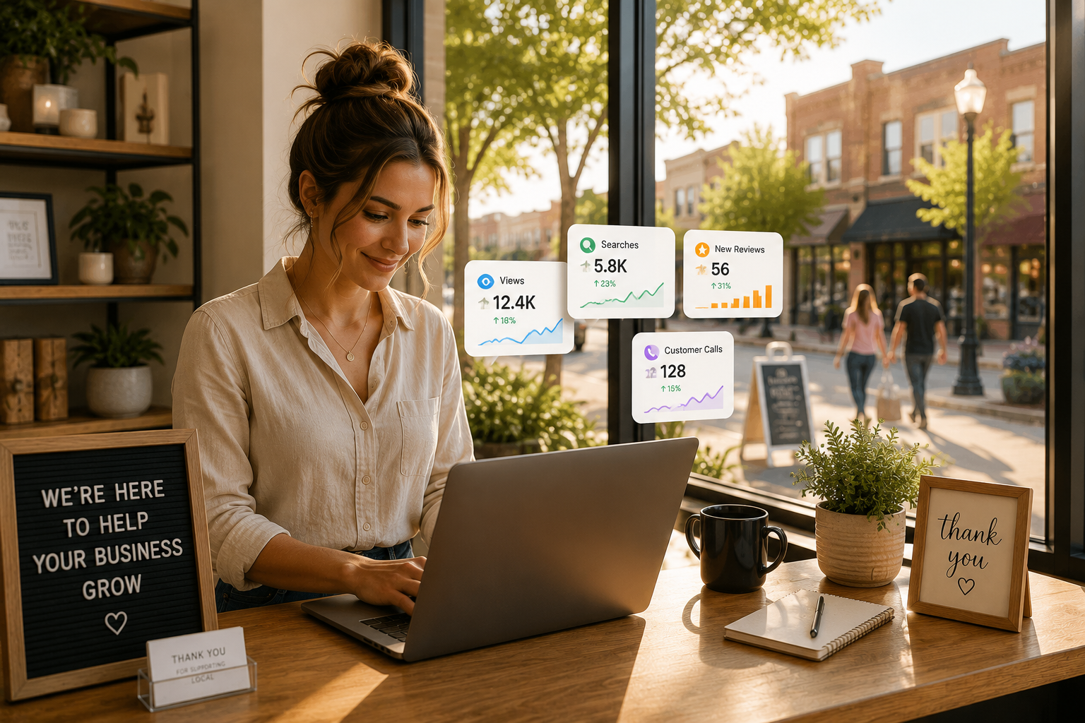 Leander Texas business owner reviewing Google Business Profile performance, customer inquiries, website visibility, and local SEO metrics inside a modern storefront.