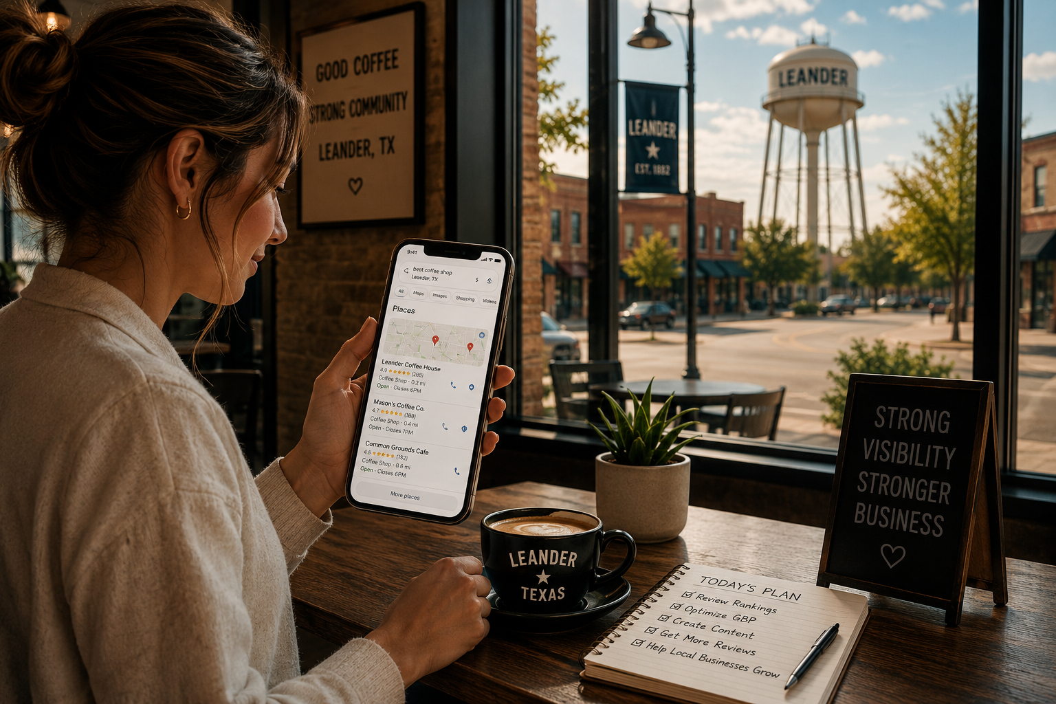 Leander Texas resident reviewing local business search results on a smartphone while sitting in a downtown coffee shop and researching nearby services.