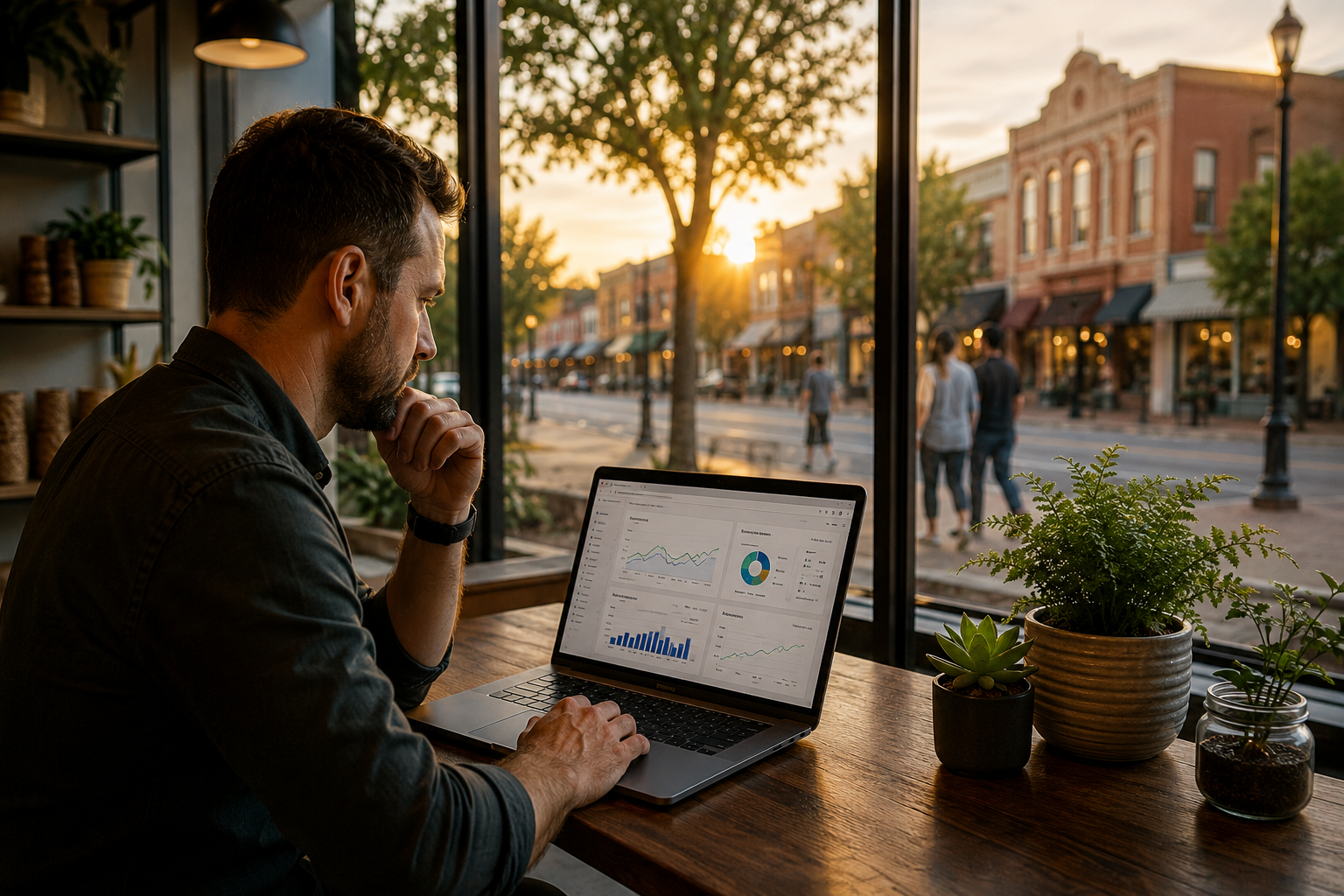 Leander Texas small business owner reviewing Google Business Profile performance and website analytics inside a modern storefront overlooking Old Town Leander during golden hour.