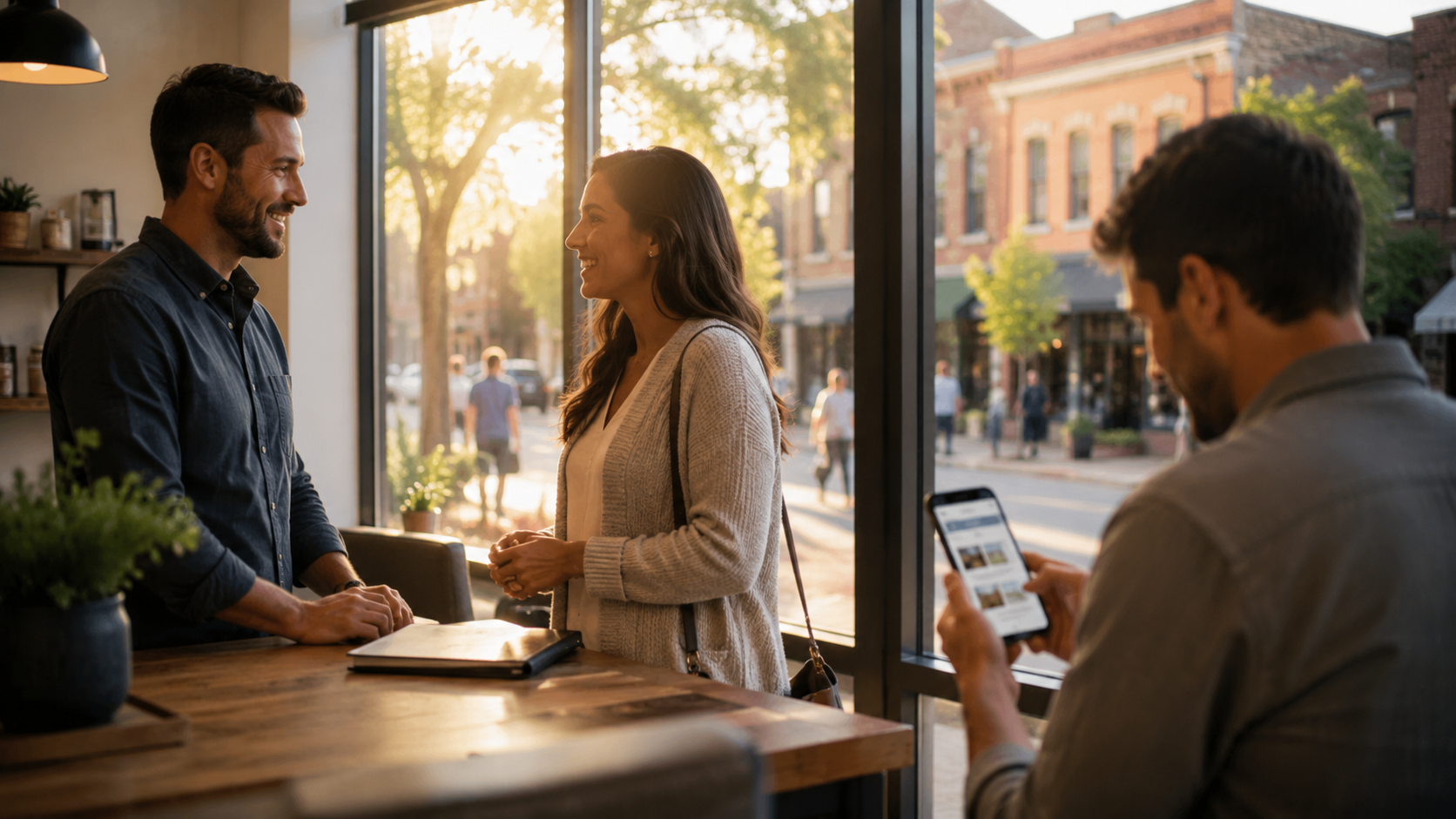 Leander Texas business owner speaking with a customer while another customer reviews the business Google Business Profile on a smartphone inside a welcoming downtown storefront.