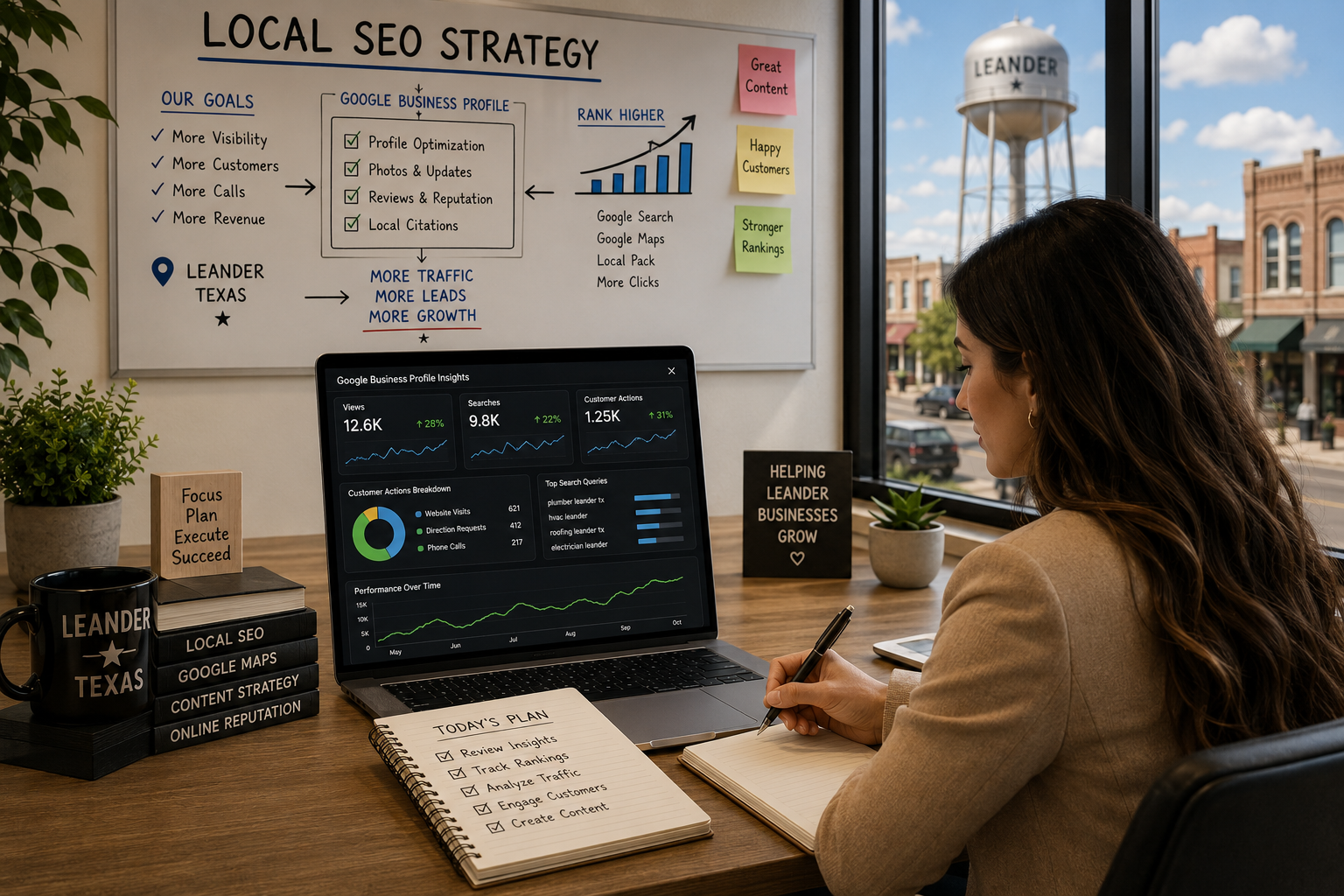 Leander Texas business owner reviewing Google Business Profile insights, local rankings, website traffic, and customer activity from an office overlooking downtown Leander.