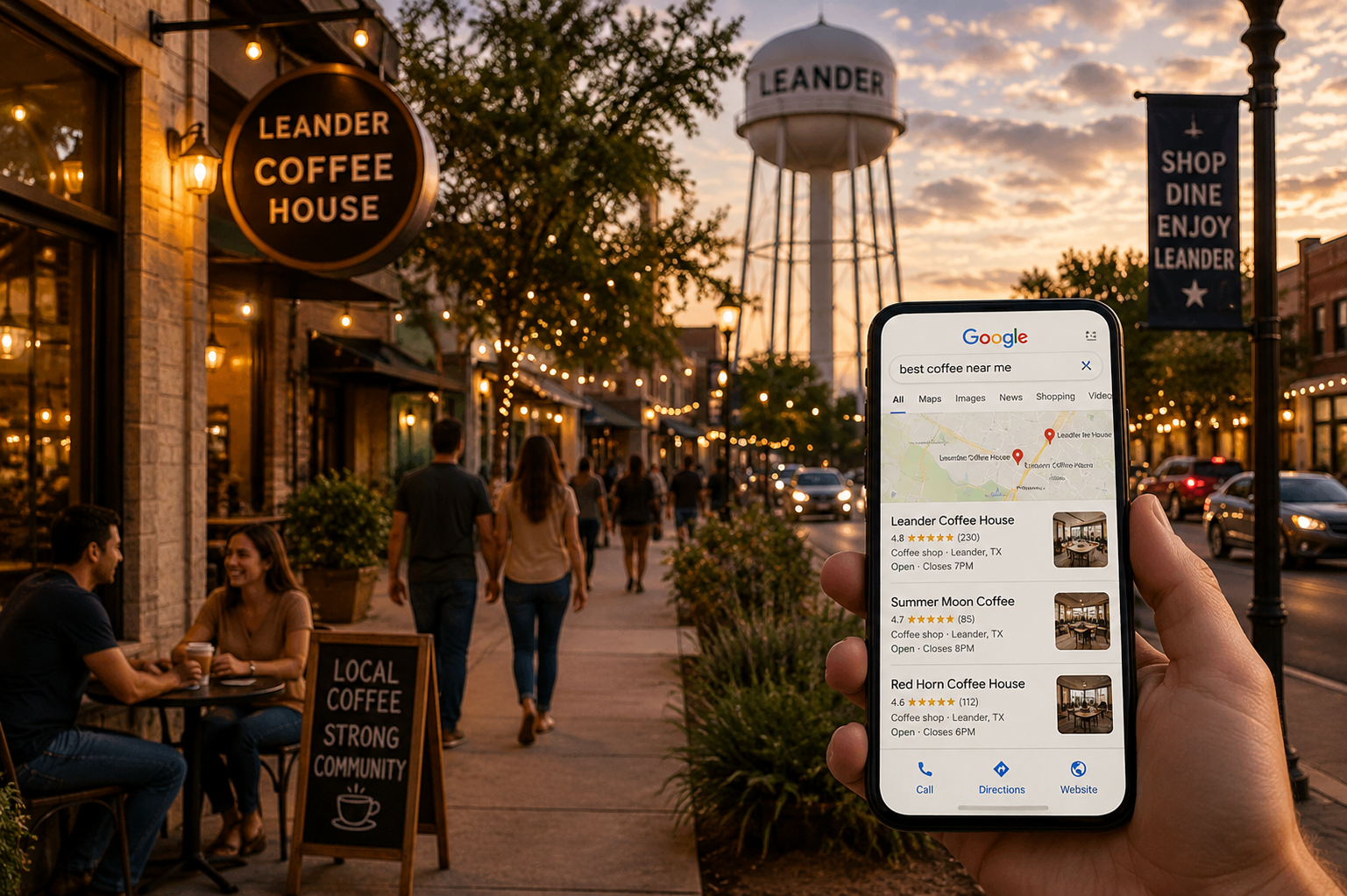 Customer searching for a local business in Leander Texas on Google while visiting downtown storefronts and businesses during peak evening hours.