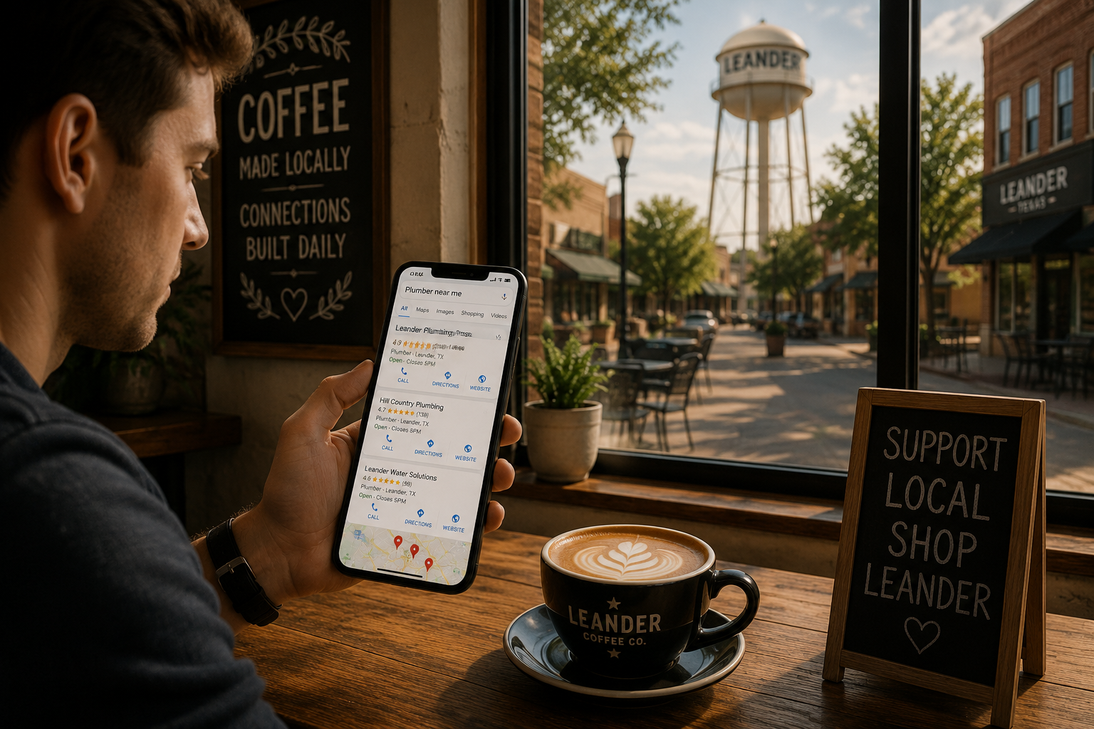 Leander Texas resident searching for local services on a smartphone while sitting inside a downtown coffee shop with local businesses visible outside.