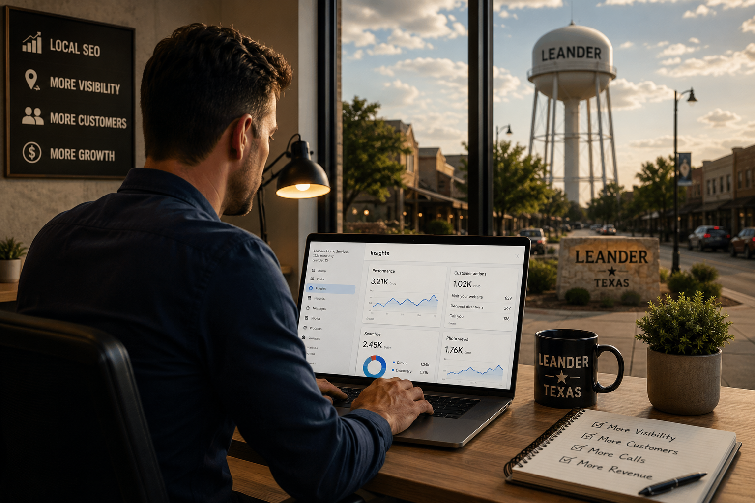 Leander Texas business owner reviewing website traffic, Google Business Profile insights, customer inquiries, and local SEO growth on a marketing dashboard.
