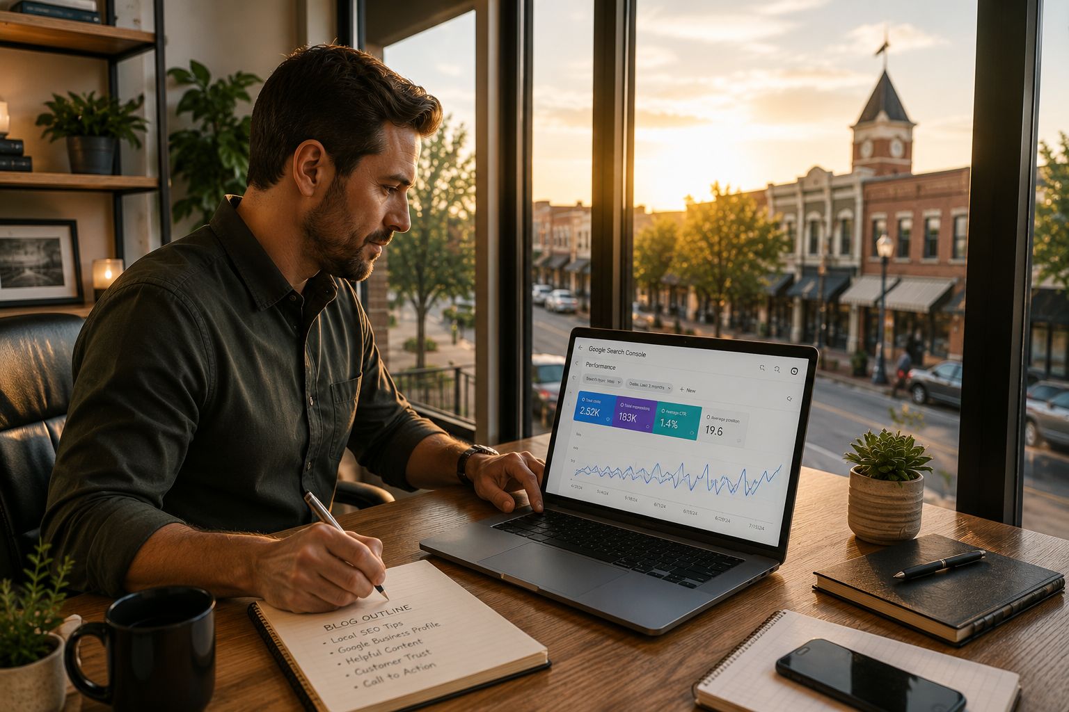 Leander Texas business owner creating helpful website content while reviewing Google Search performance and local SEO metrics in a modern office overlooking downtown Leander.