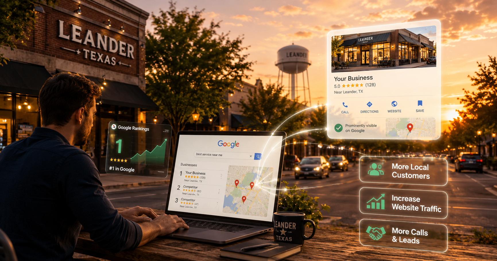 Leander Texas business owner reviewing Google search rankings and local SEO performance while attracting more customers through improved online visibility.