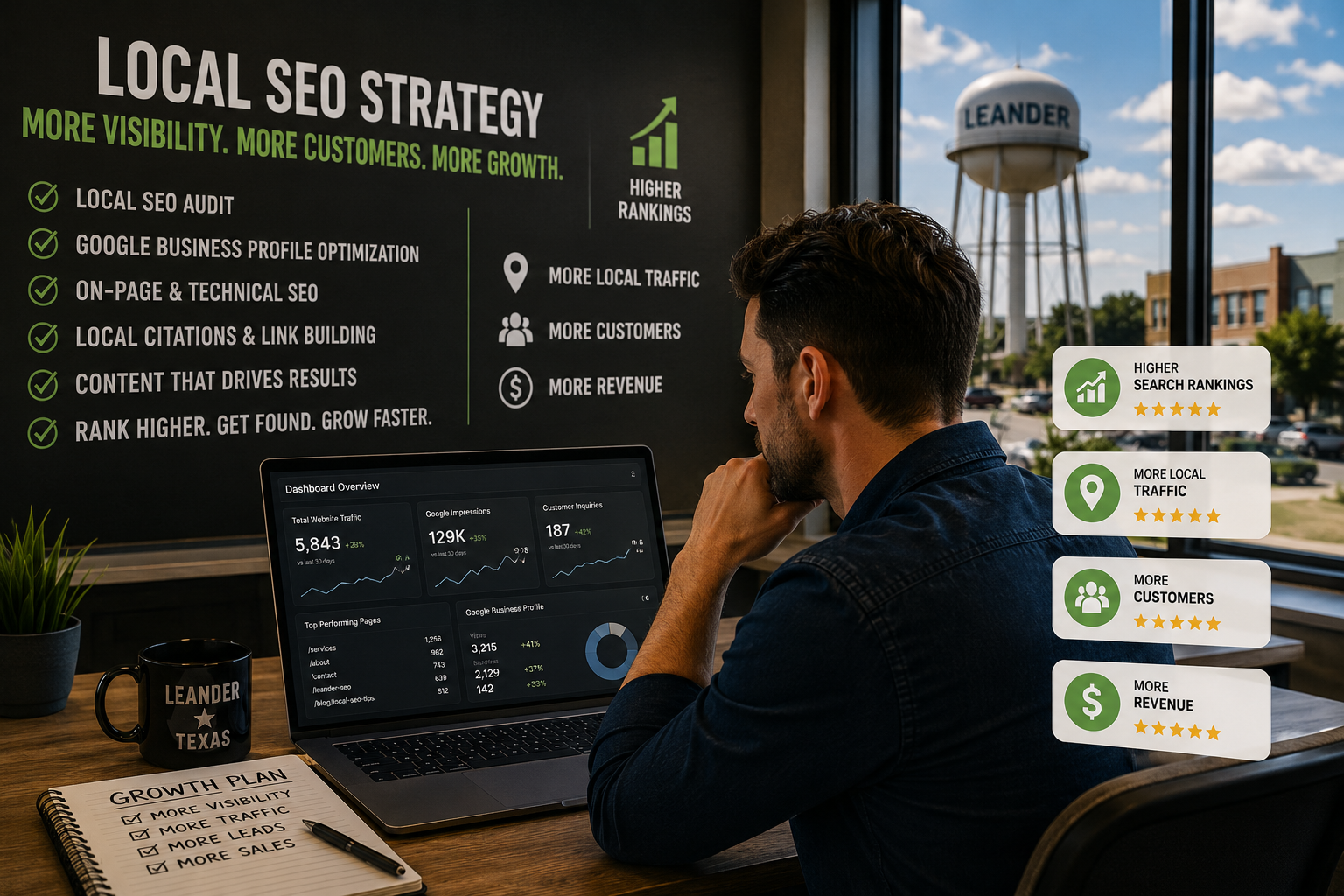 Leander Texas business owner reviewing Google search visibility, website traffic, customer inquiries, and local SEO growth while planning business expansion.