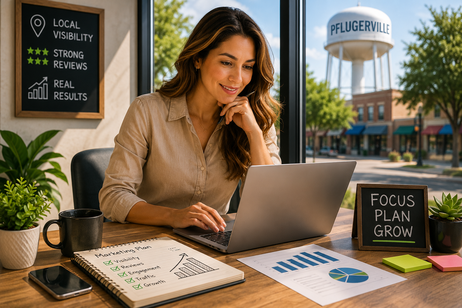 Pflugerville business owner updating Google Business Profile information and local visibility strategy