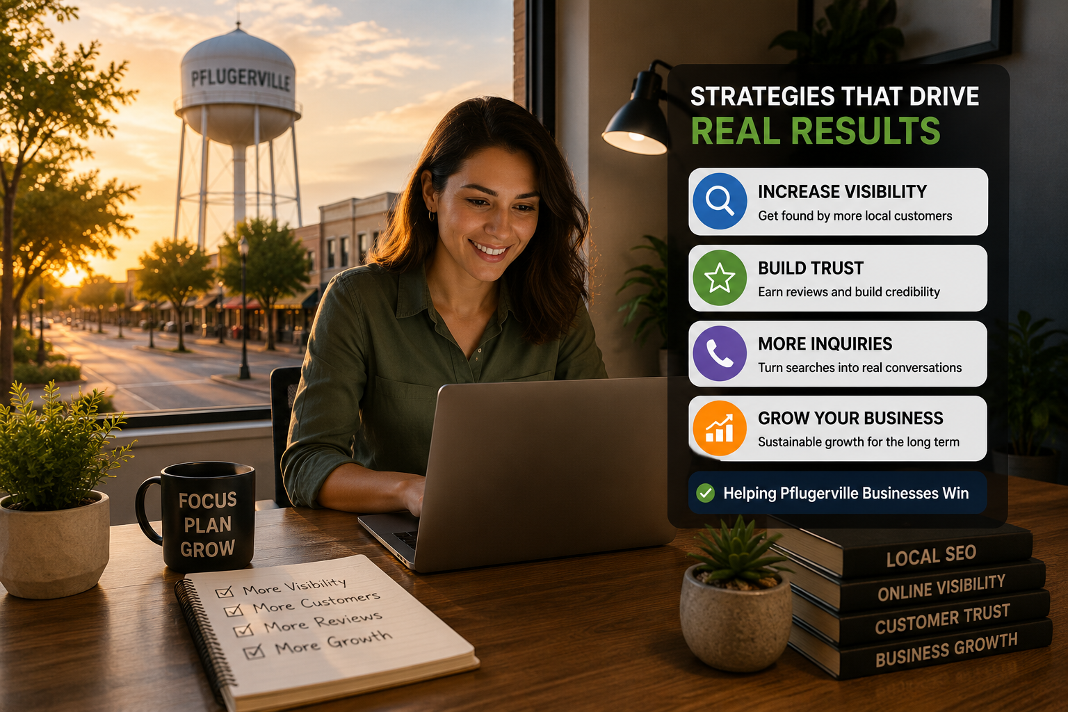 Pflugerville business owner reviewing local SEO and visibility strategy to attract more customers