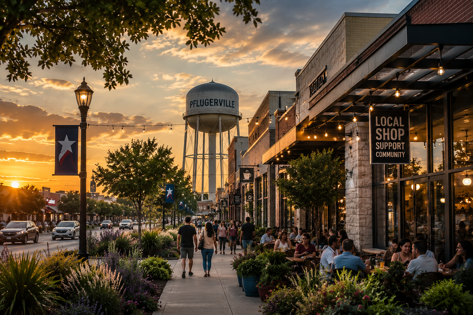 Downtown Pflugerville Texas at sunset with local storefronts restaurants and small business atmosphere