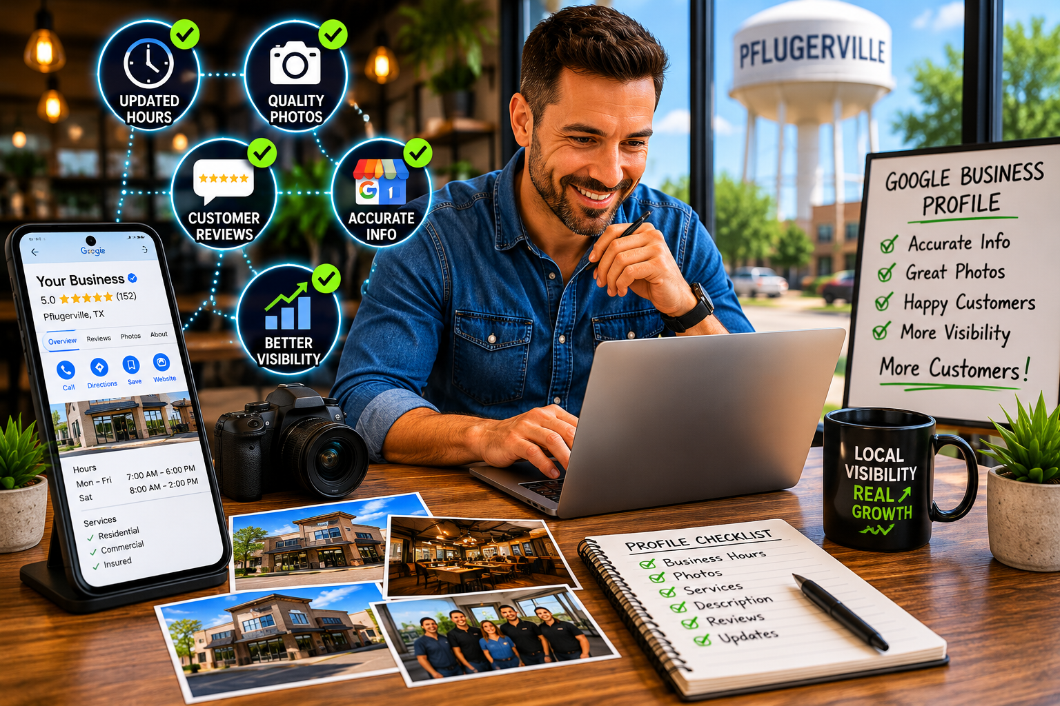 Pflugerville business owner reviewing online business listings and verifying contact information across multiple platforms