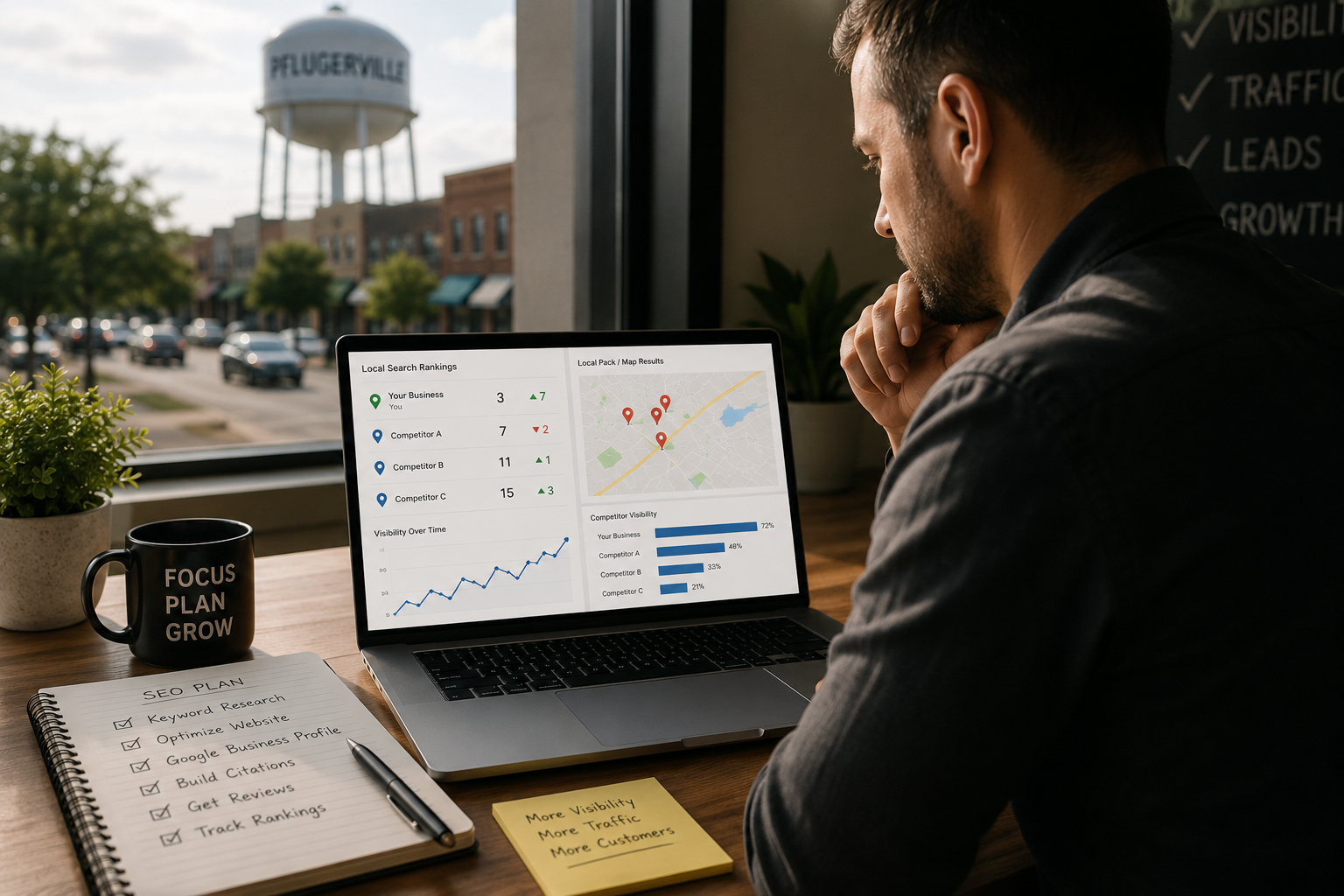 Pflugerville business owner reviewing local search rankings and competitor visibility to improve online presence