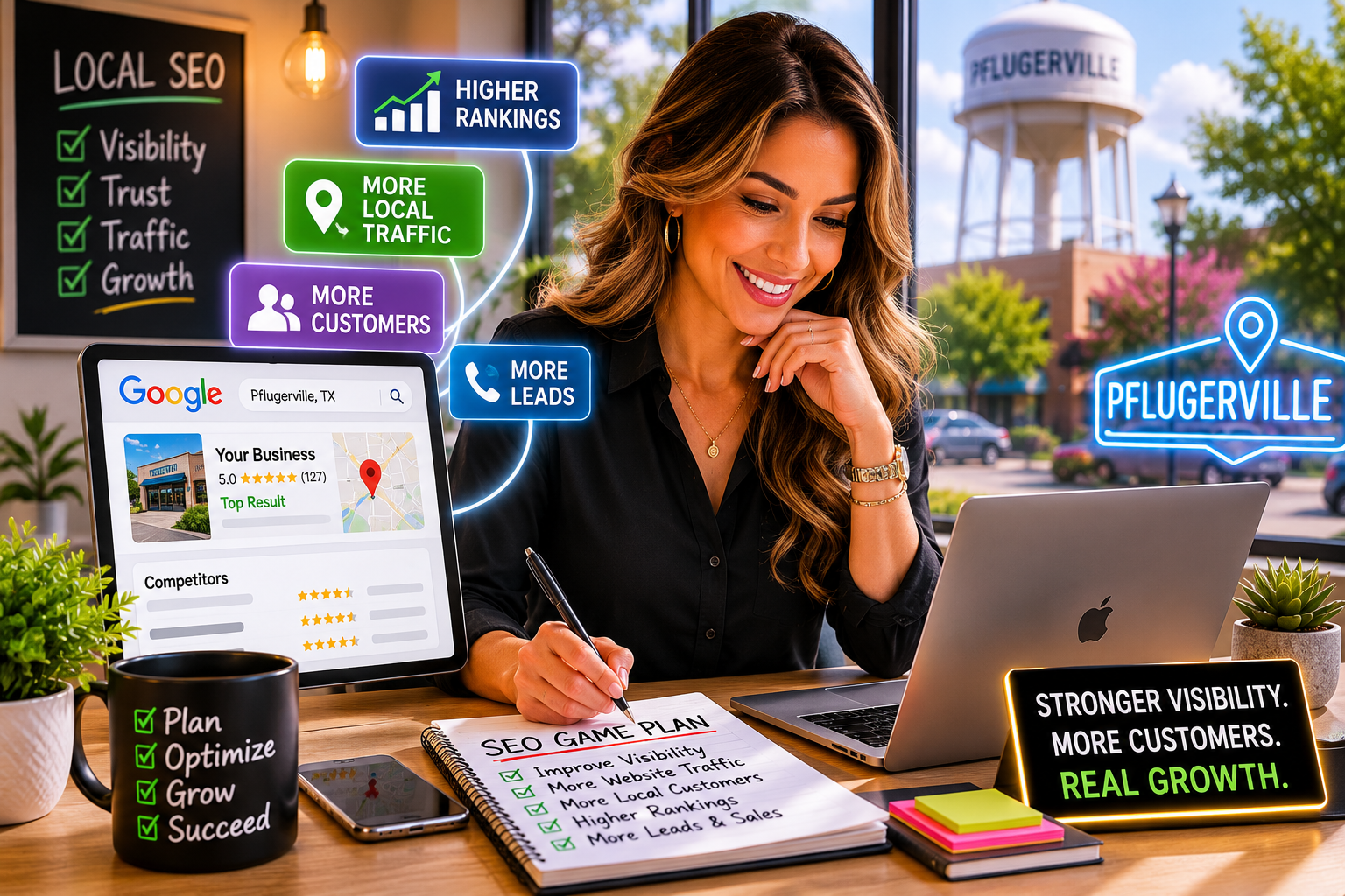 Pflugerville business owner reviewing website performance local search visibility and customer growth metrics