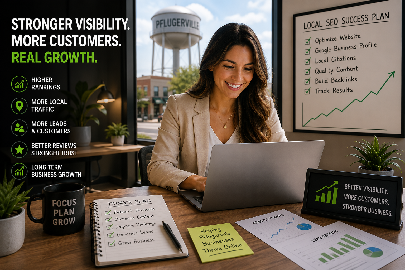 Pflugerville business owner reviewing increased website traffic customer inquiries and local SEO results