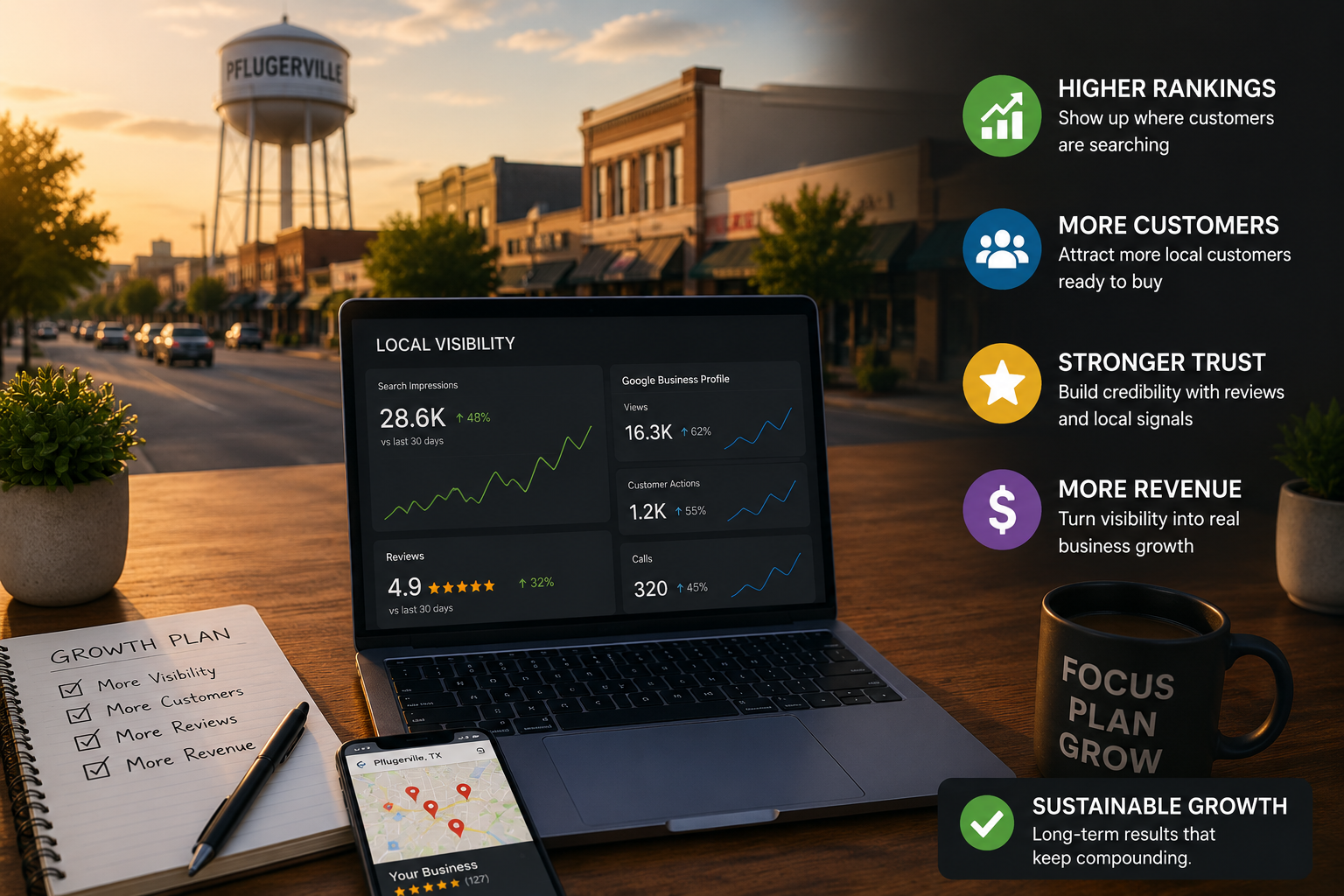 Pflugerville local SEO growth strategy showing increased visibility reviews customer inquiries and business growth
