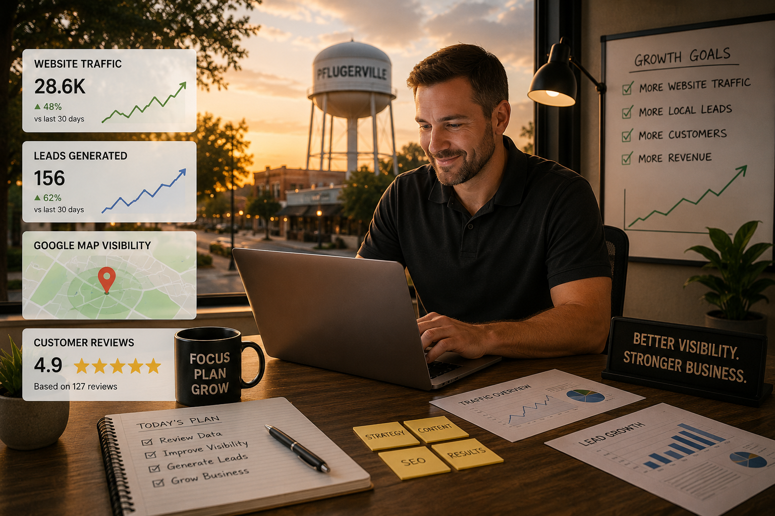 Pflugerville business owner reviewing website traffic lead growth and Google Maps visibility metrics