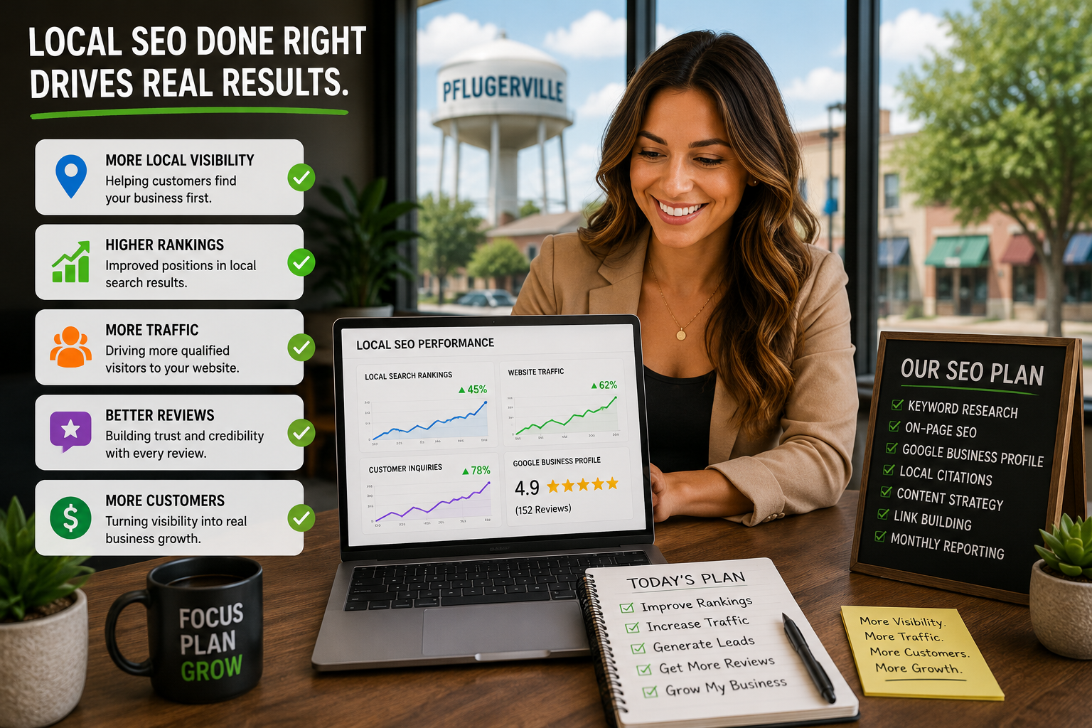 Pflugerville business owner reviewing Google Business Profile insights online reviews and local SEO performance
