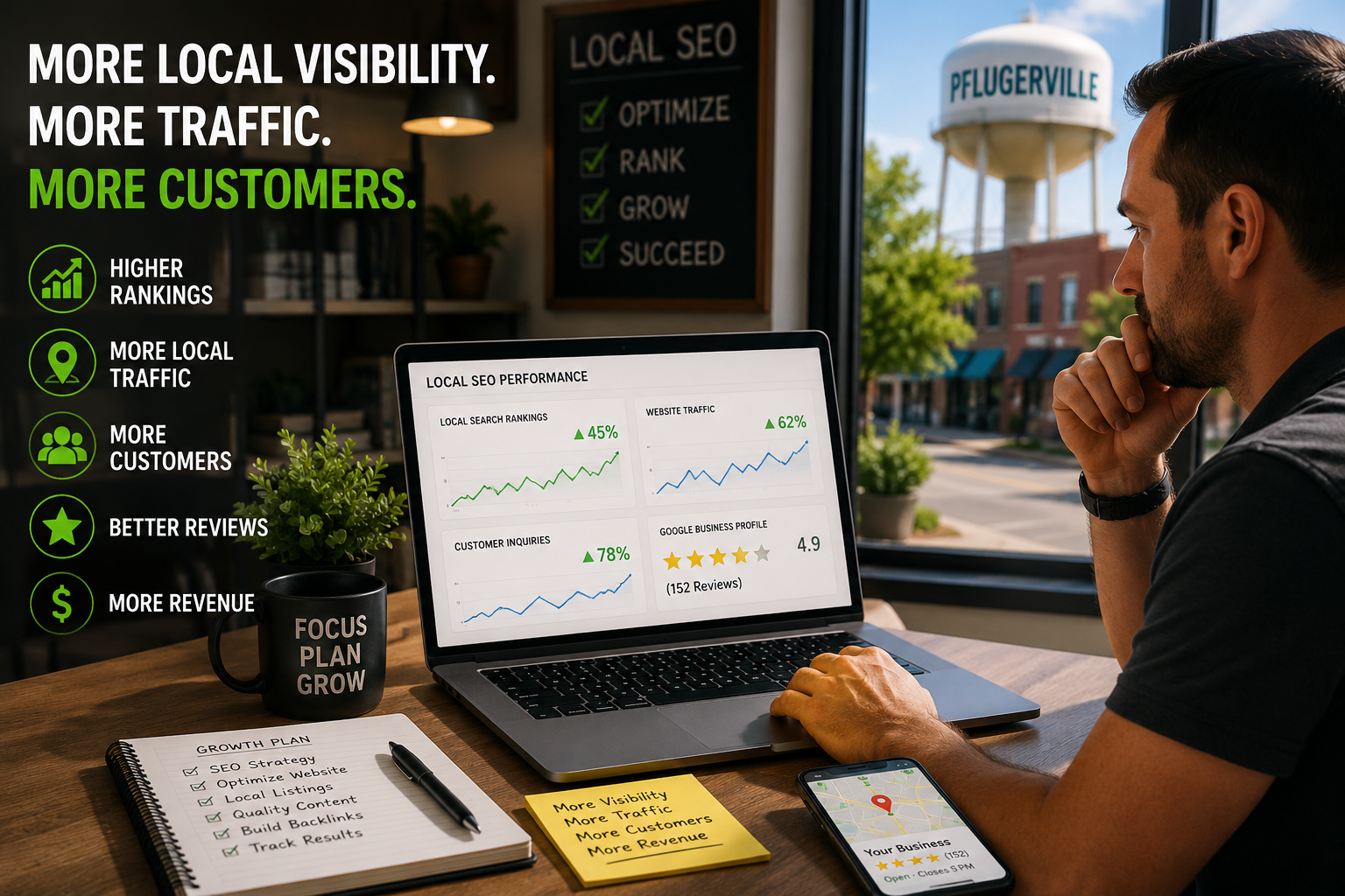 Pflugerville business owner reviewing Google Business Profile insights customer reviews and local search performance