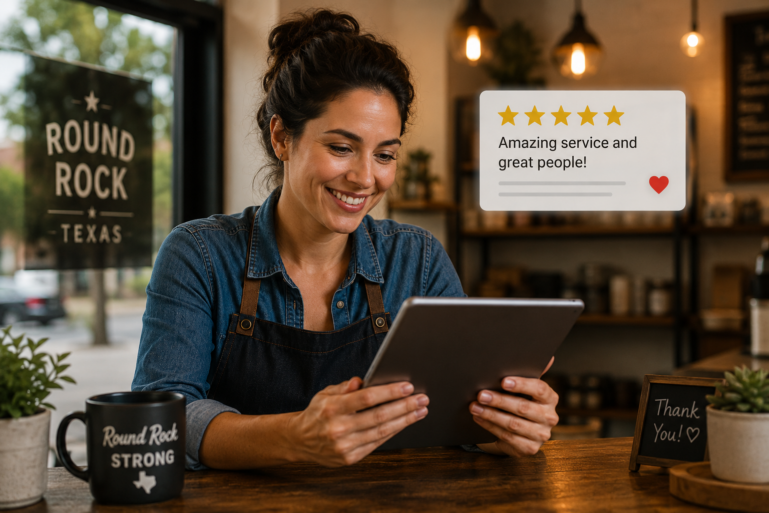 Round Rock business owner smiling while reading positive customer reviews on a tablet after improving local SEO visibility