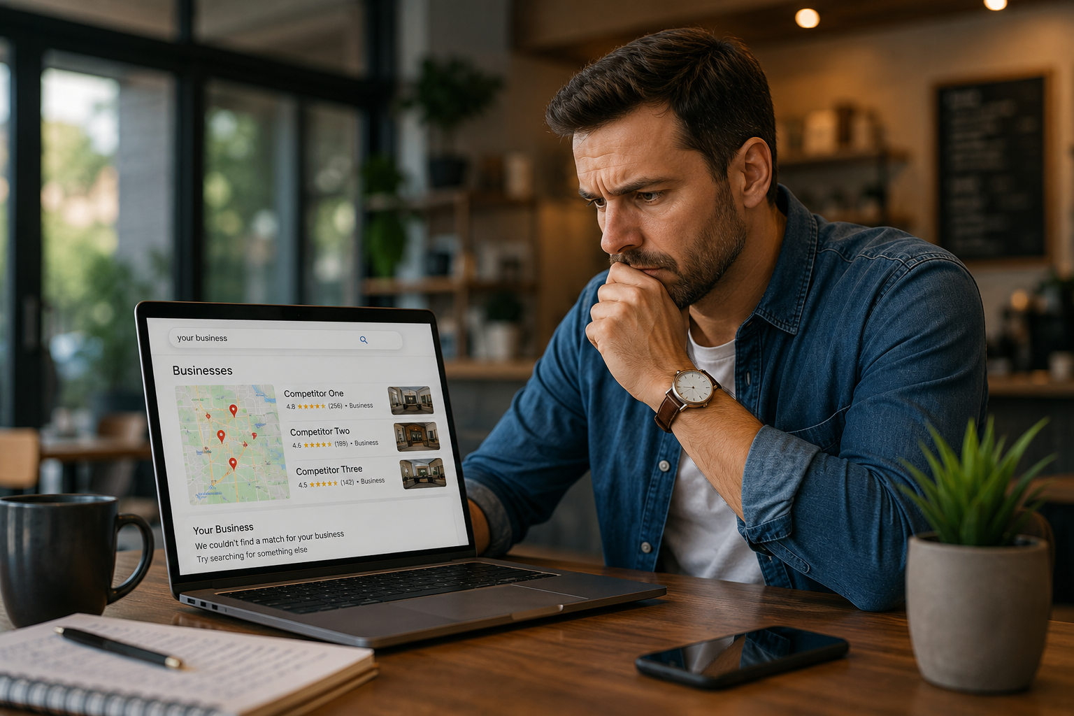 Round Rock business owner reviewing Google Maps search results showing optimized business profiles with reviews photos and local visibility