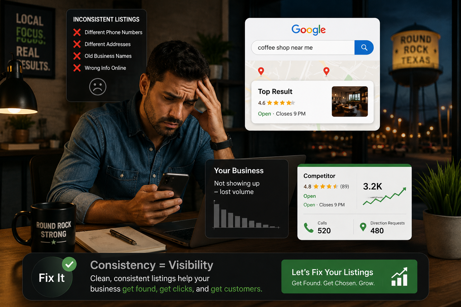 Round Rock business owner reviewing inconsistent business listings with incorrect phone numbers and addresses affecting local SEO visibility