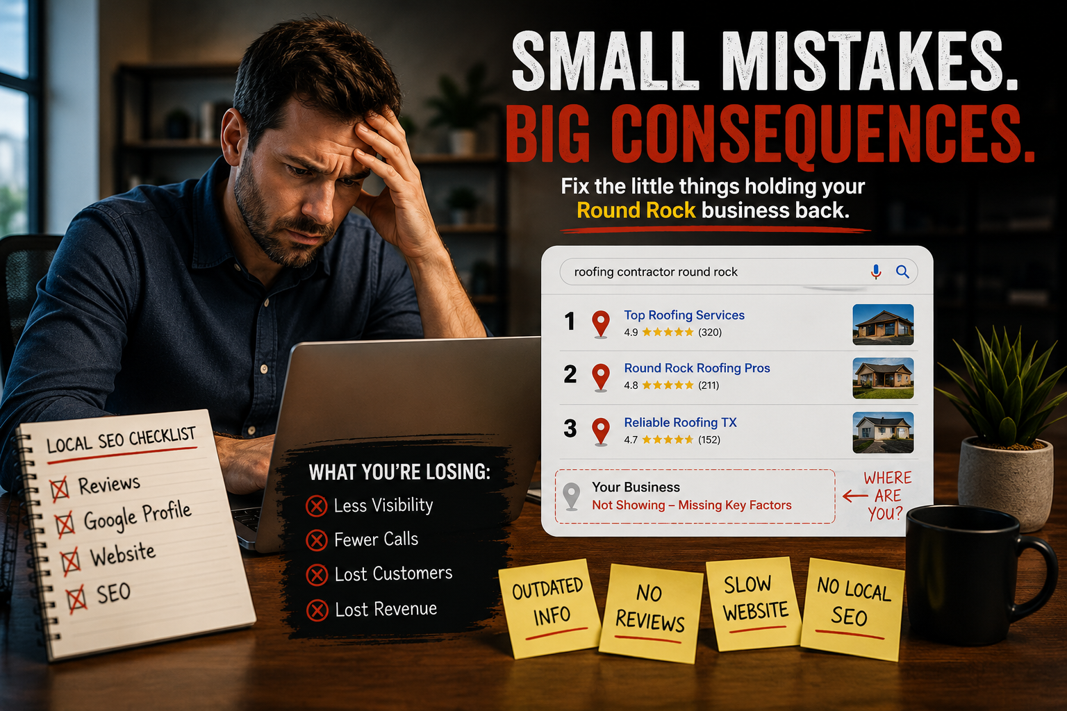 Round Rock business owner reviewing poor Google rankings while competitors appear higher in local search results due to local SEO mistakes