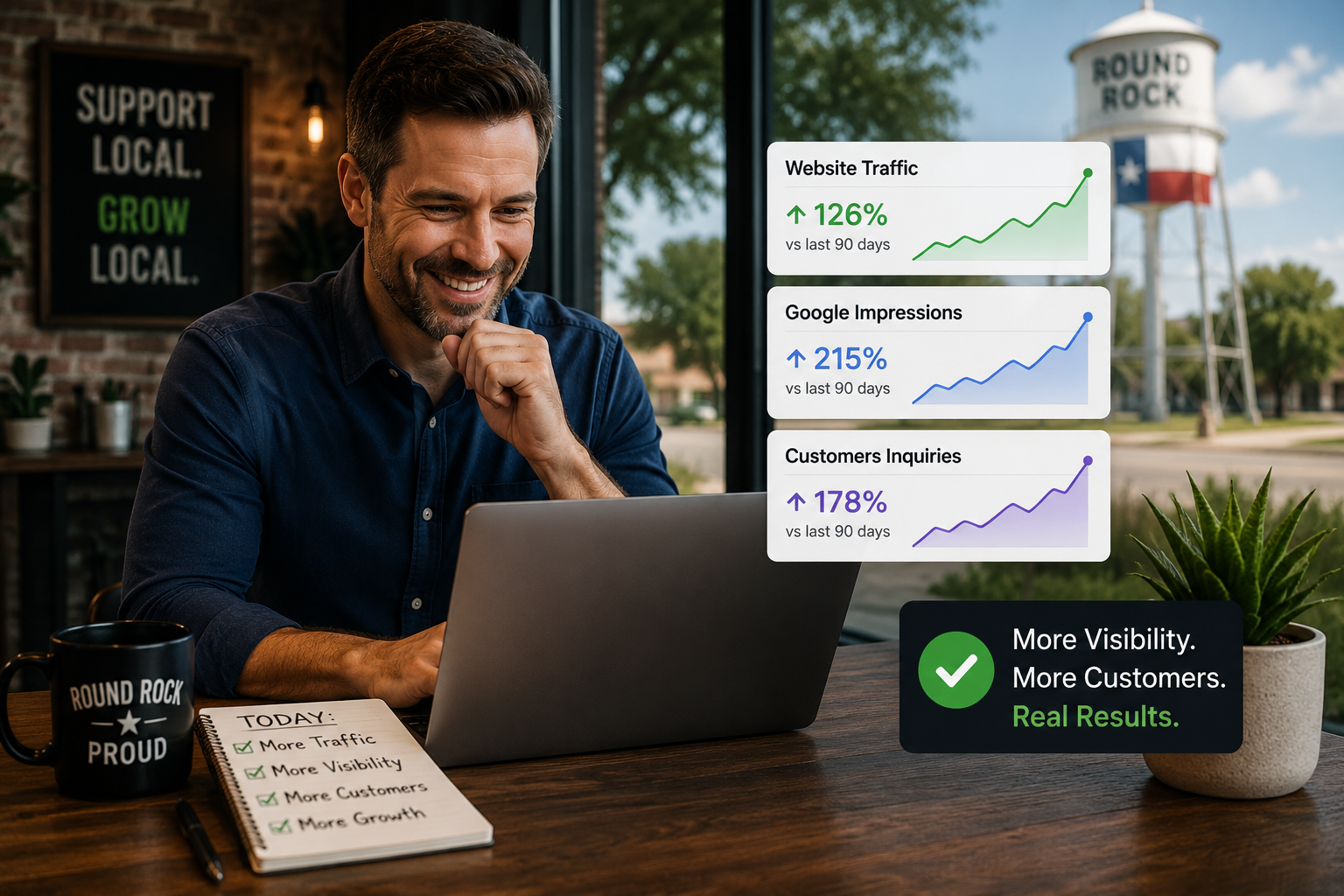 Round Rock business owner reviewing increased website traffic Google impressions and customer inquiries from local SEO improvements
