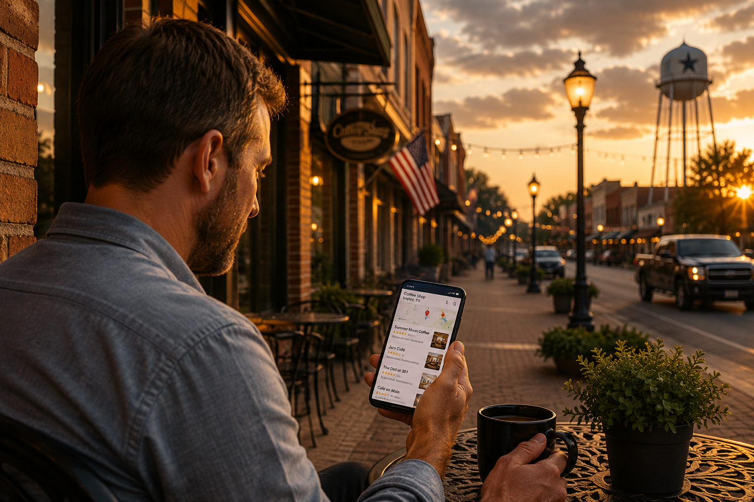 Taylor Texas business owner reviewing local search results on a smartphone outside a downtown coffee shop during golden hour with historic storefronts and the Taylor water tower in the background.