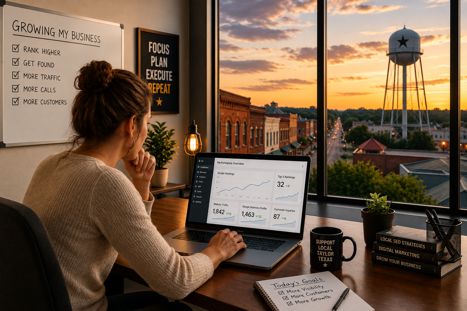Taylor Texas business owner reviewing local SEO rankings, website traffic growth, customer inquiries, and Google search performance from a modern office overlooking downtown Taylor Texas.