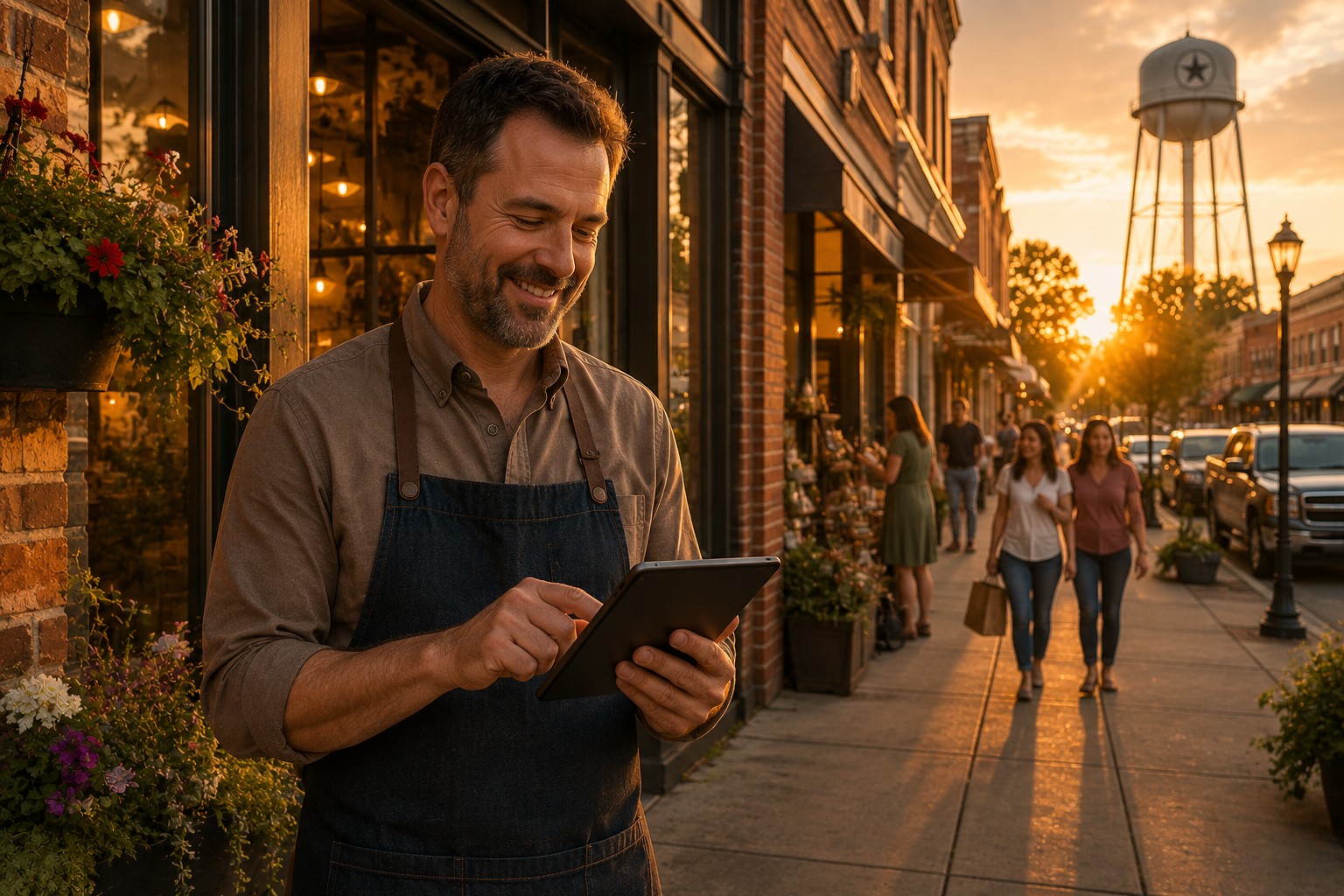Taylor Texas business owner reviewing customer inquiries on a tablet outside a downtown storefront during golden hour with shoppers, historic storefronts, and the Taylor water tower in the background.