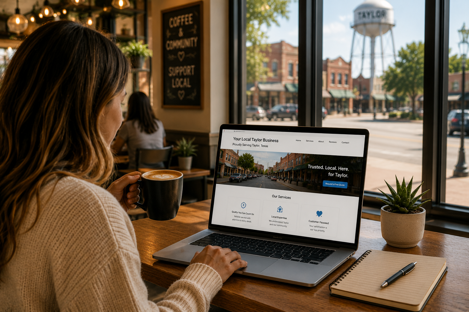 Customer browsing a Taylor Texas local business website on a laptop while enjoying coffee inside a modern café with downtown Taylor and the Taylor water tower visible through the window.