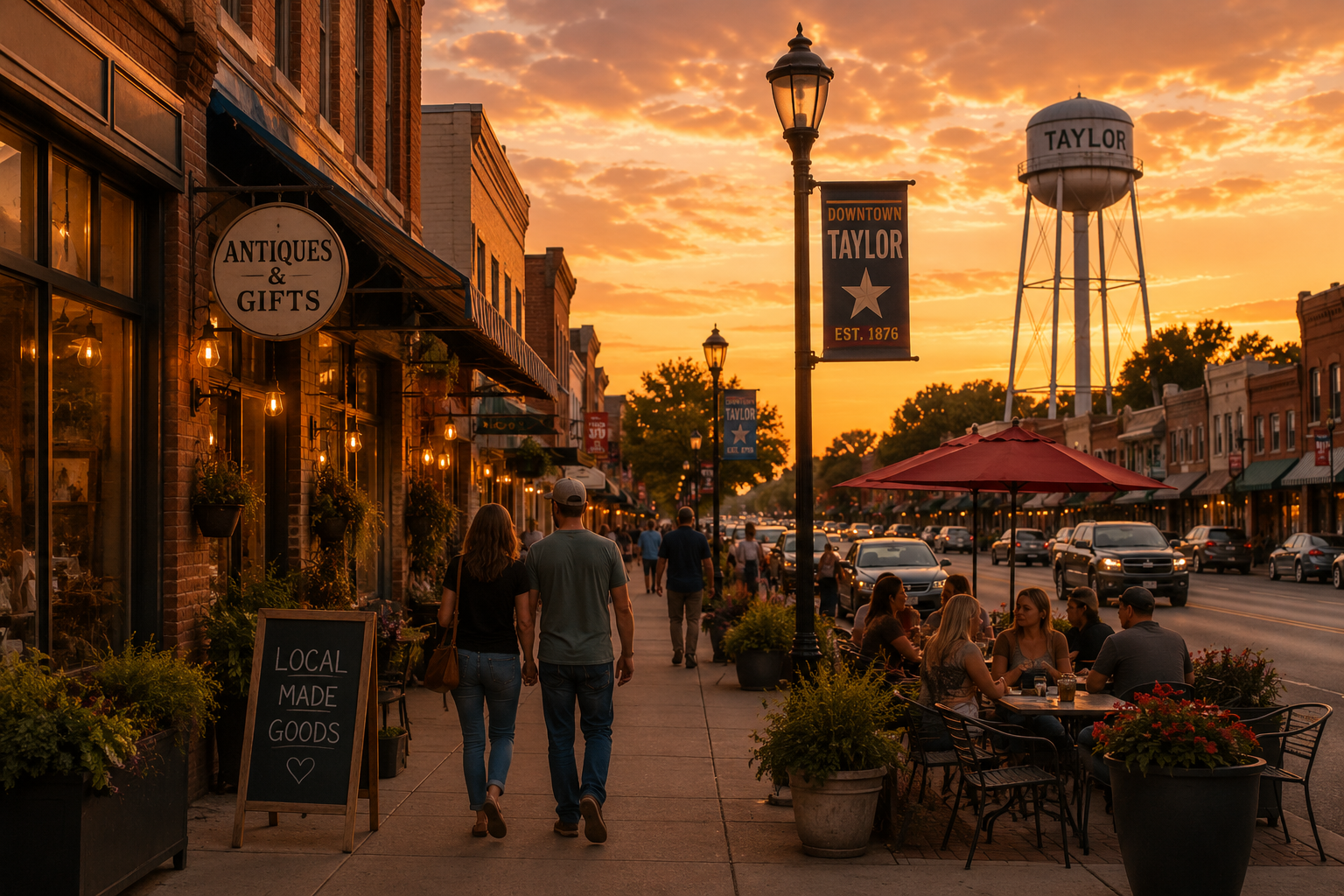 Historic downtown Taylor Texas during golden hour featuring local storefronts, pedestrians, outdoor dining, small business activity, and the Taylor water tower visible in the distance.