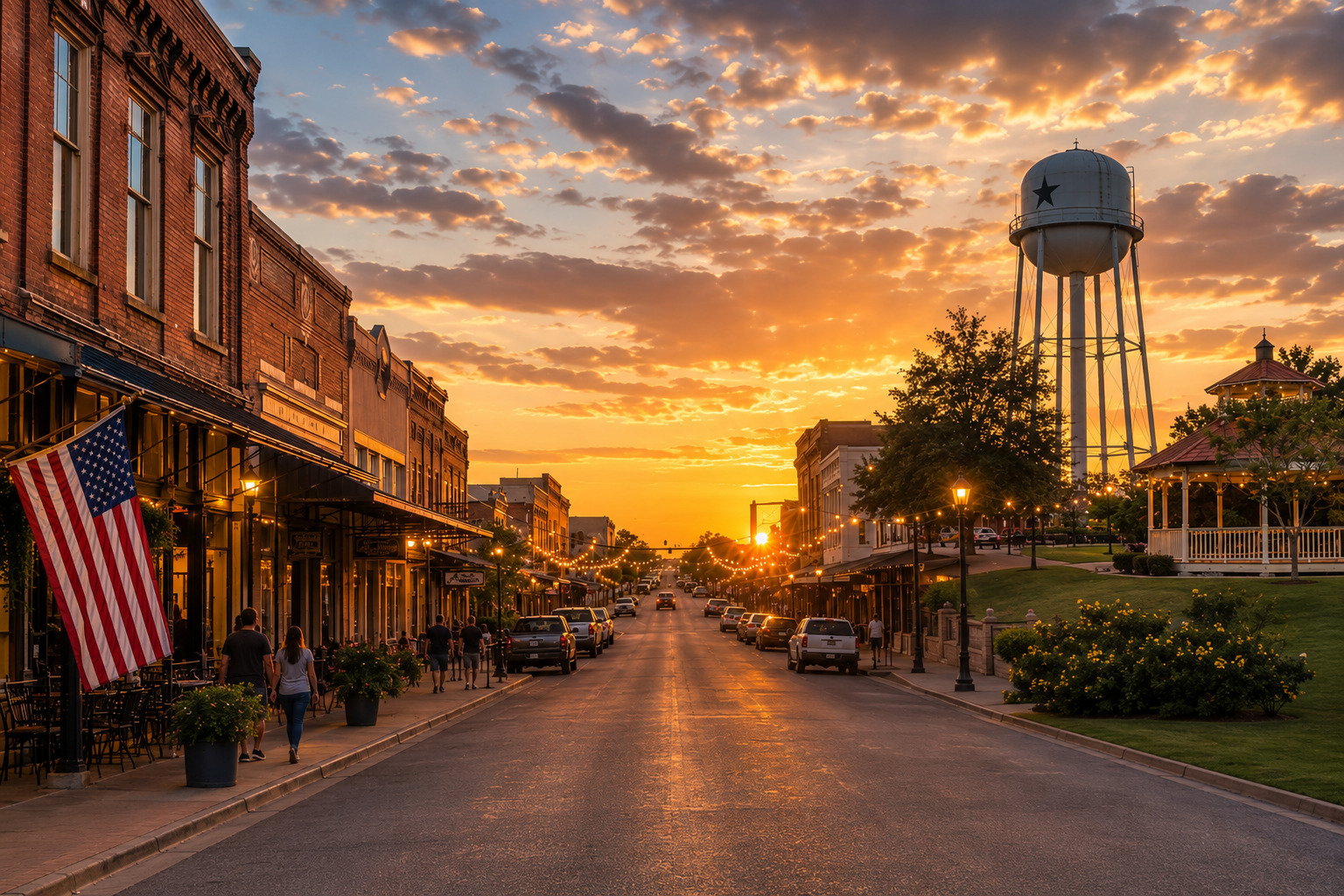 Historic downtown Taylor Texas during golden hour featuring local storefronts, pedestrians walking along Main Street, and the Taylor water tower in the background.