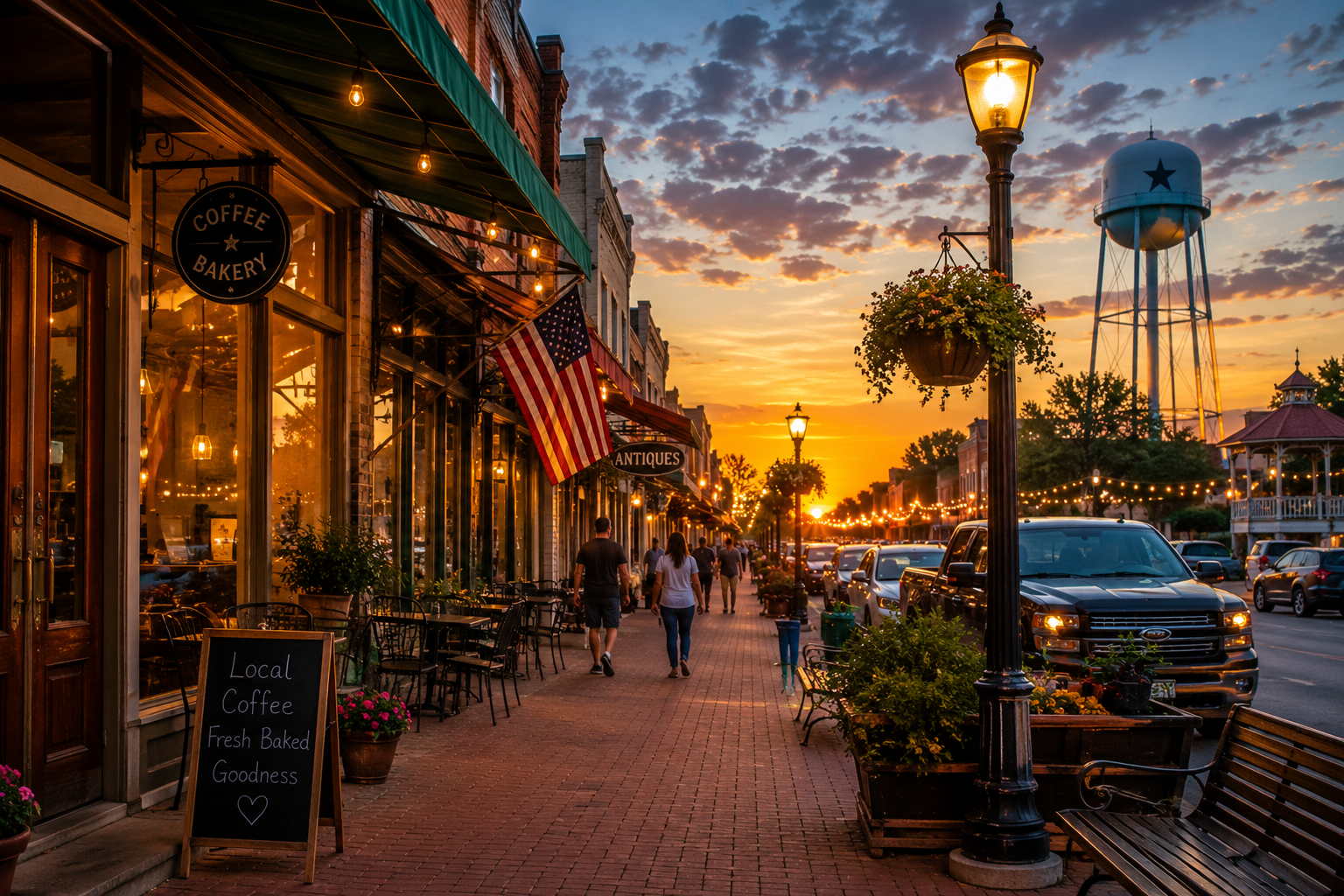 Busy historic downtown Taylor Texas at sunset featuring local storefronts, outdoor dining, shoppers walking along Main Street, warm lighting, and the Taylor water tower in the background.