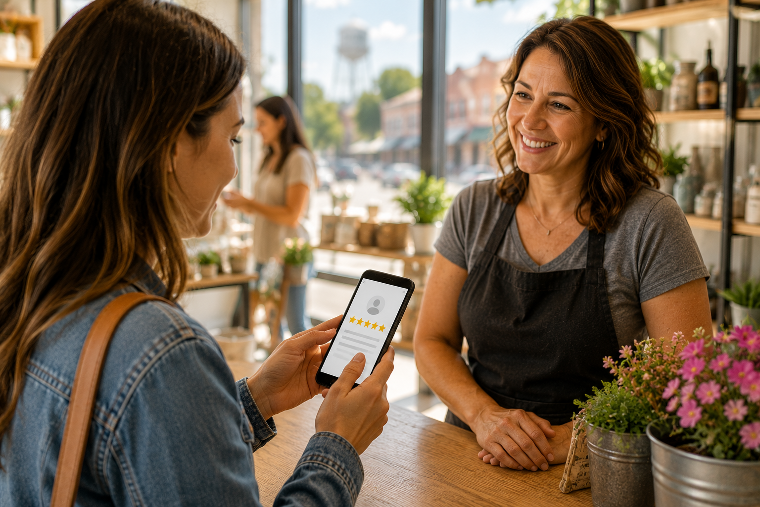 Taylor Texas customer leaving a five-star Google review on a smartphone while smiling with a local business owner inside a bright downtown storefront.