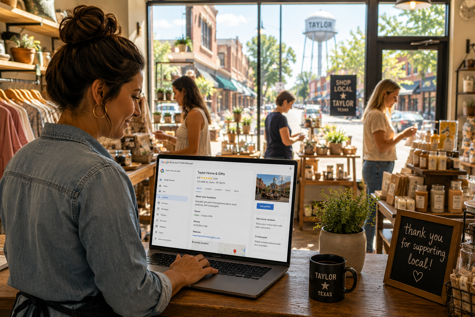 Taylor Texas business owner updating a Google Business Profile on a laptop inside a bright downtown storefront while customers browse local products with the Taylor water tower visible through the windows.