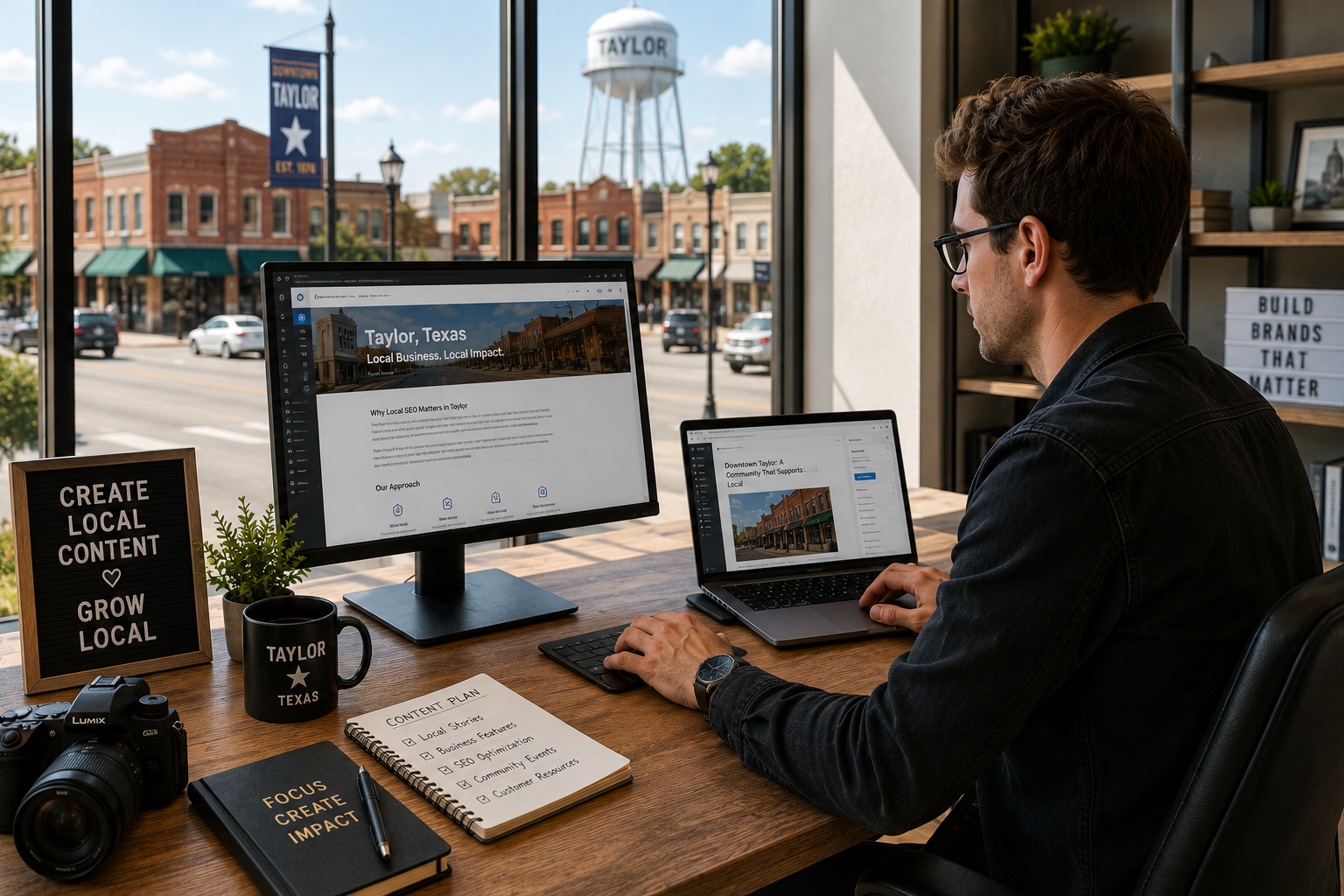 Taylor Texas content creator reviewing locally focused website pages and SEO content from a modern office overlooking historic downtown Taylor with the Taylor water tower visible through the window.